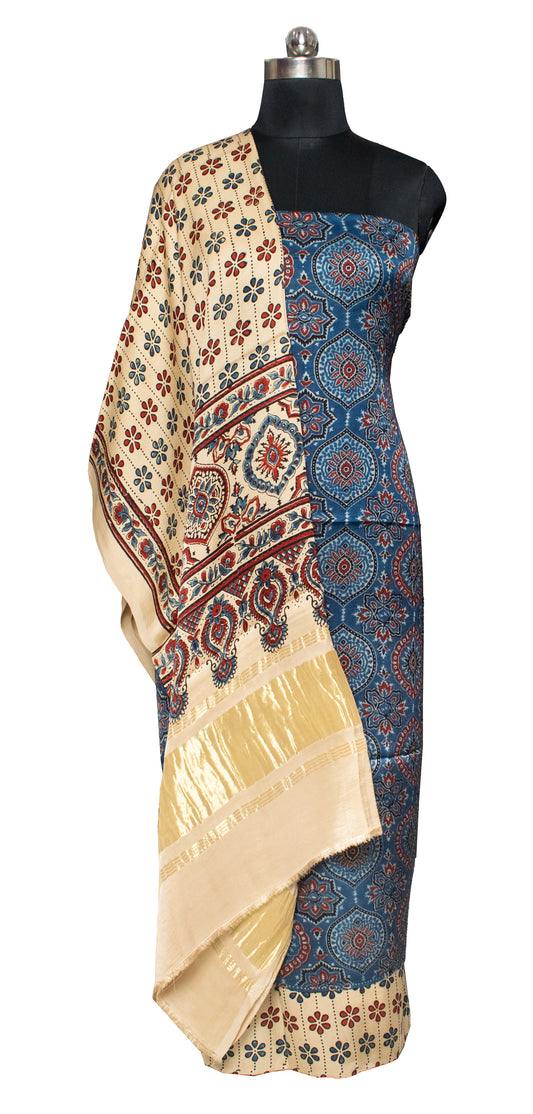 Ajrakh Modal Silk Natural Dye Hand Block Print Dress Material with Jari Border Dupatta     -  SKU : ID16401D