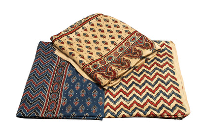 Ajrakh Modal Silk Natural Dye Hand Block Print Dress Material with Jari Border Dupatta     -  SKU : ID16401H