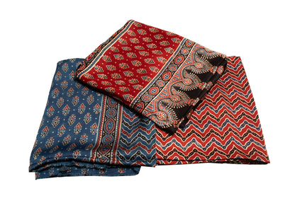 Ajrakh Modal Silk Natural Dye Hand Block Print Dress Material with Jari Border Dupatta     -  SKU : ID16401F