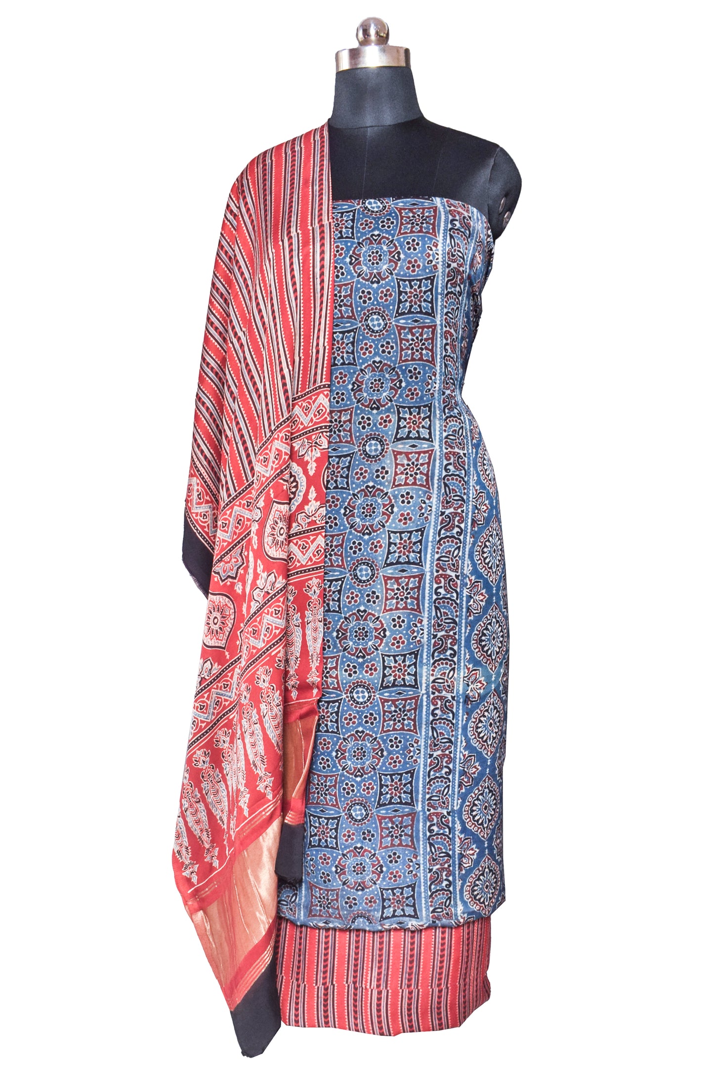 Ajrakh Modal Silk Natural Dye Hand Block Print Dress Material  with Jari Border Dupatta  - 2.5  Mt Top    -  SKU : RM13901B