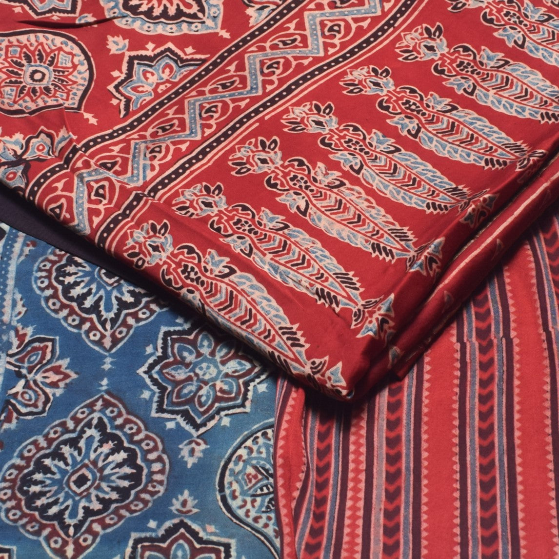 Ajrakh Modal Silk Natural Dye Hand Block Print Dress Material  with Jari Border Dupatta  - 2.5  Mt Top    -  SKU : RM13901B