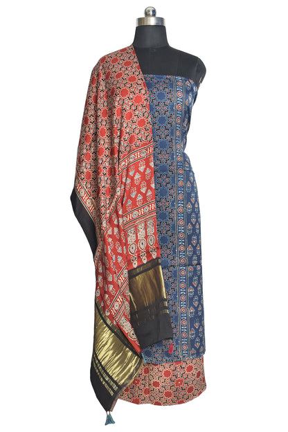 Ajrakh Modal Silk Natural Dye Hand Block Print Dress Material with Golden Border Dupatta - with Tassels - 2.5 Mt Top    -  SKU : AI21B02A