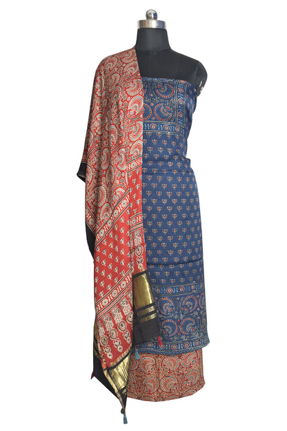 Ajrakh Modal Silk Natural Dye Hand Block Print Dress Material with Golden Border Dupatta - with Tassels - 2.5 Mt Top    -  SKU : AI21B02F