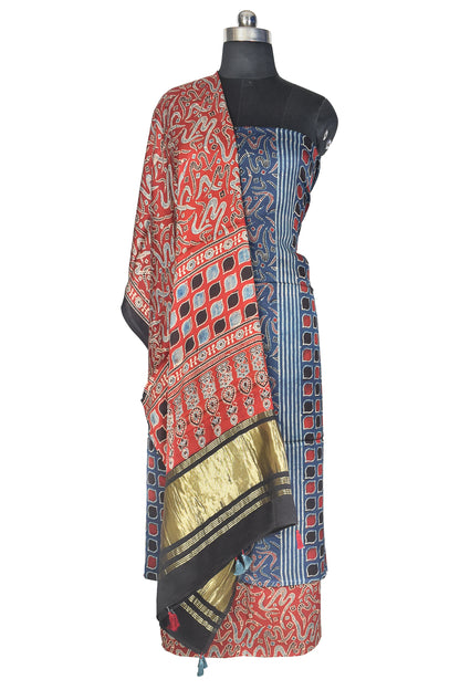 Ajrakh Modal Silk Natural Dye Hand Block Print Dress Material with Golden Border Dupatta - with Tassels - 2.5 Mt Top    -  SKU : AI21B02K