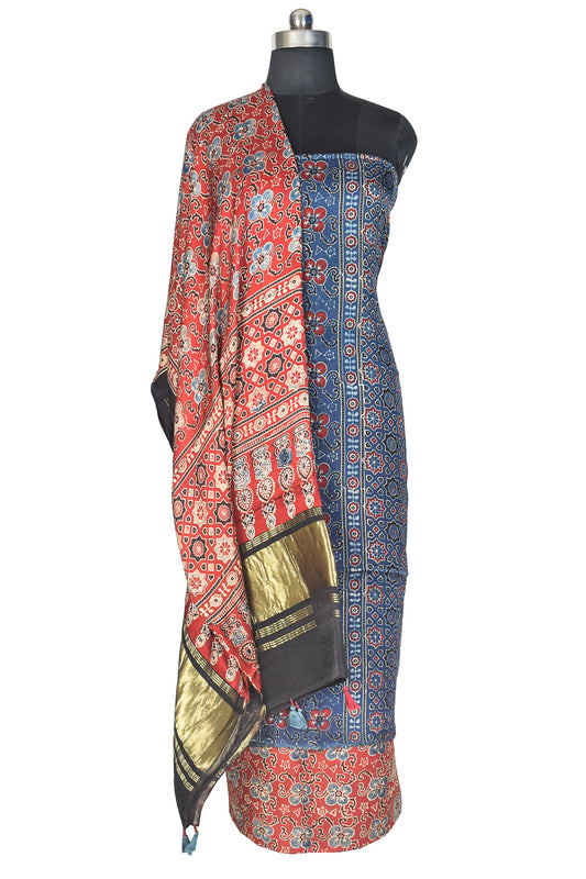 Ajrakh Modal Silk Natural Dye Hand Block Print Dress Material with Golden Border Dupatta - with Tassels - 2.5 Mt Top    -  SKU : AI21B02P