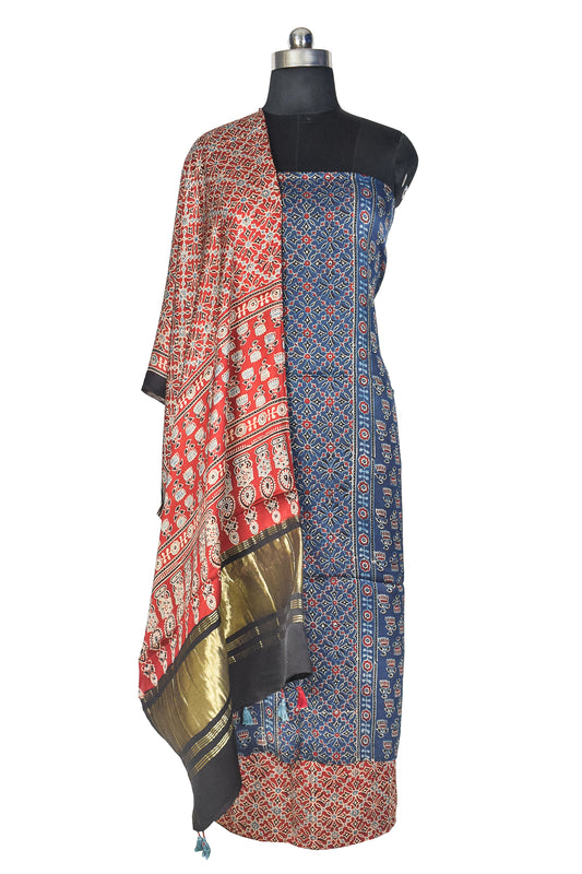 Ajrakh Modal Silk Natural Dye Hand Block Print Dress Material with Golden Border Dupatta - with Tassels - 2.5 Mt Top    -  SKU : AI21B02U