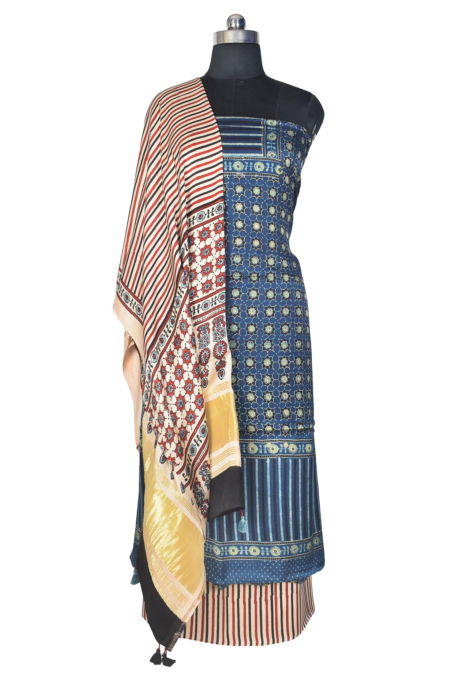 Ajrakh Modal Silk Natural Dye Hand Block Print Dress Material with Golden Border Dupatta - with Tassels - 2.5 Mt Top    -  SKU : AI21B02C