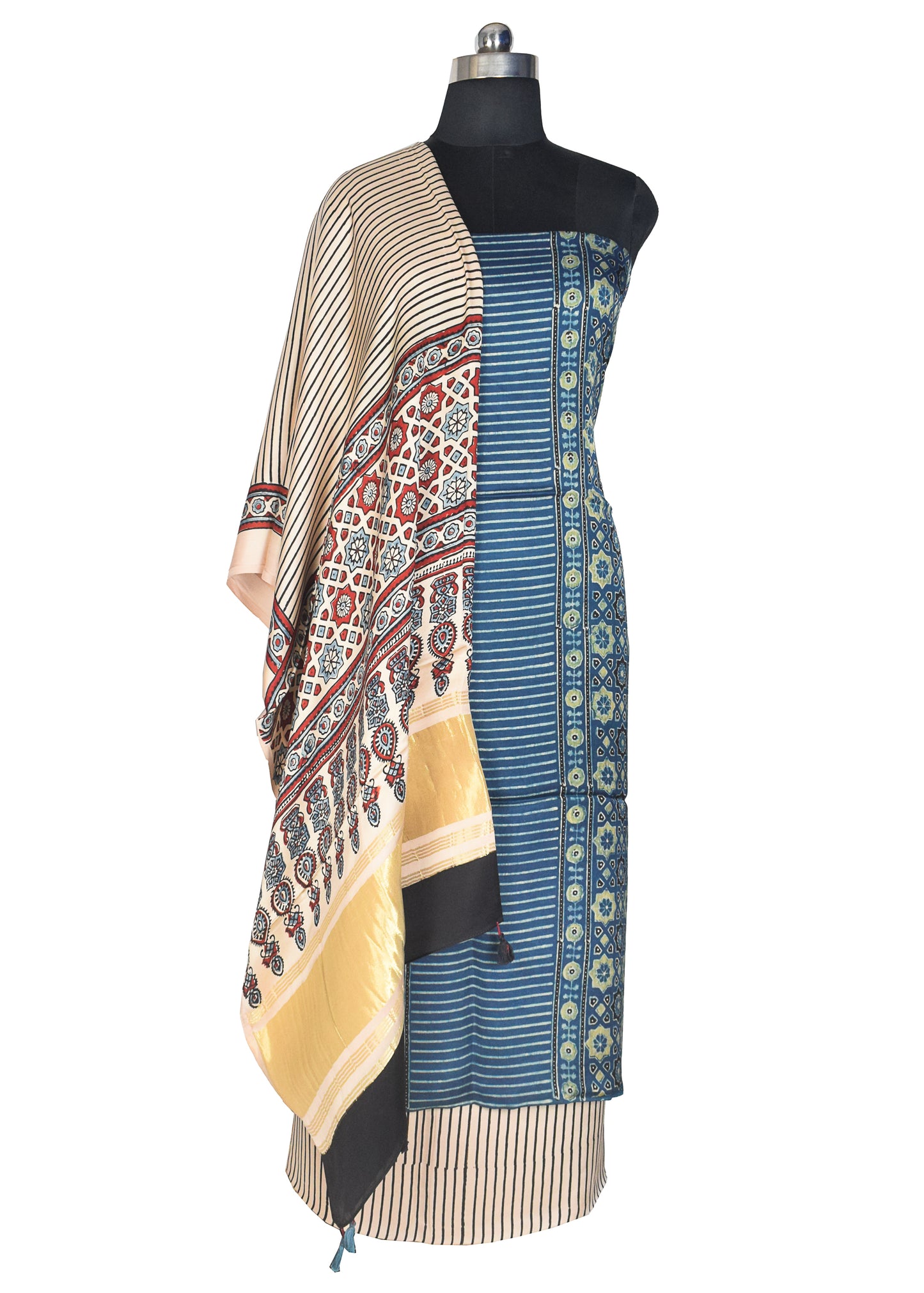 Ajrakh Modal Silk Natural Dye Hand Block Print Dress Material with Golden Border Dupatta - with Tassels - 2.5 Mt Top    -  SKU : AI21B02H