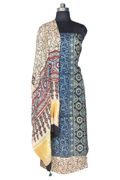 Ajrakh Modal Silk Natural Dye Hand Block Print Dress Material with Golden Border Dupatta - with Tassels - 2.5 Mt Top    -  SKU : AI21B02M