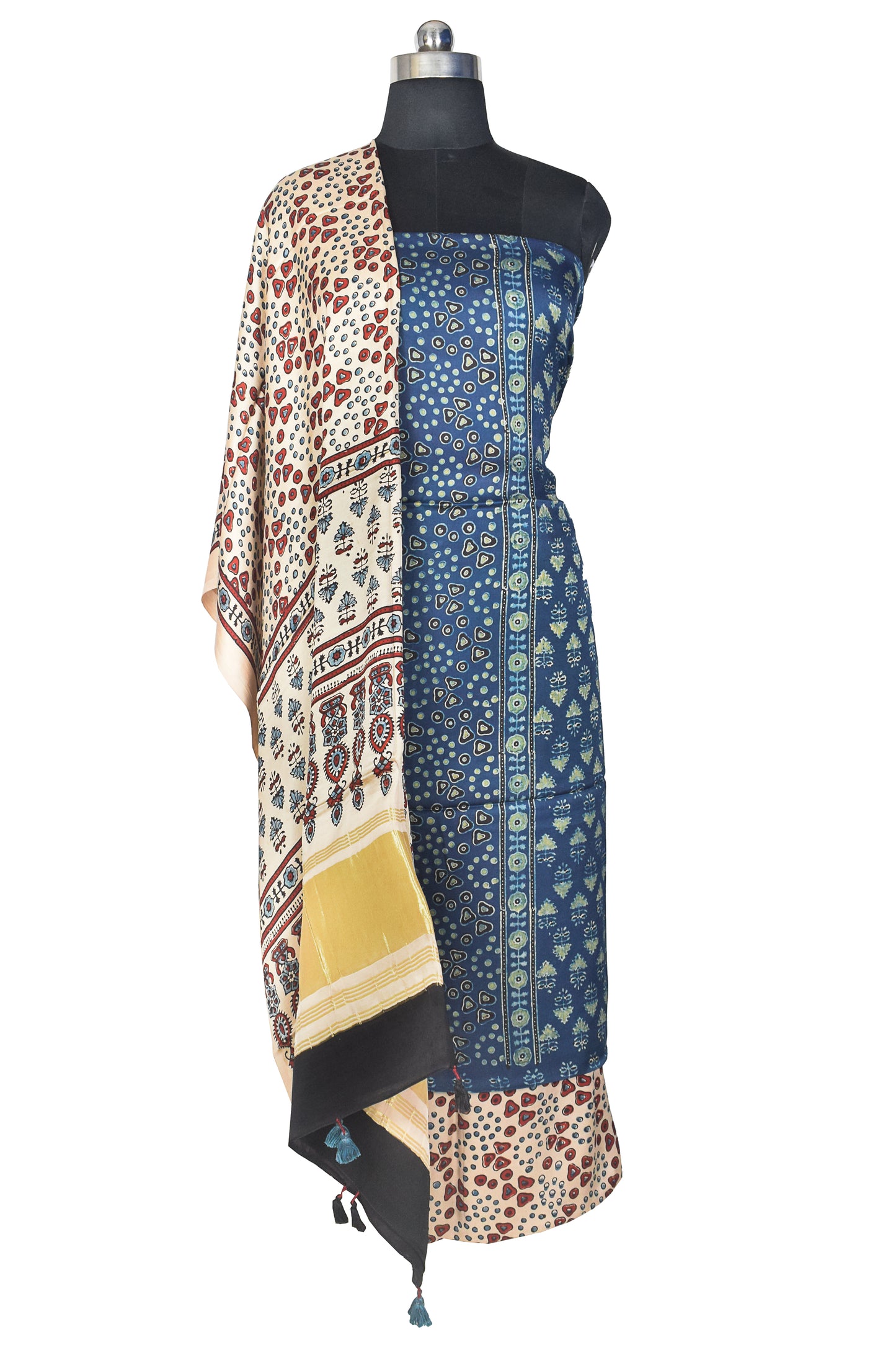 Ajrakh Modal Silk Natural Dye Hand Block Print Dress Material with Golden Border Dupatta - with Tassels - 2.5 Mt Top    -  SKU : AI21B02R