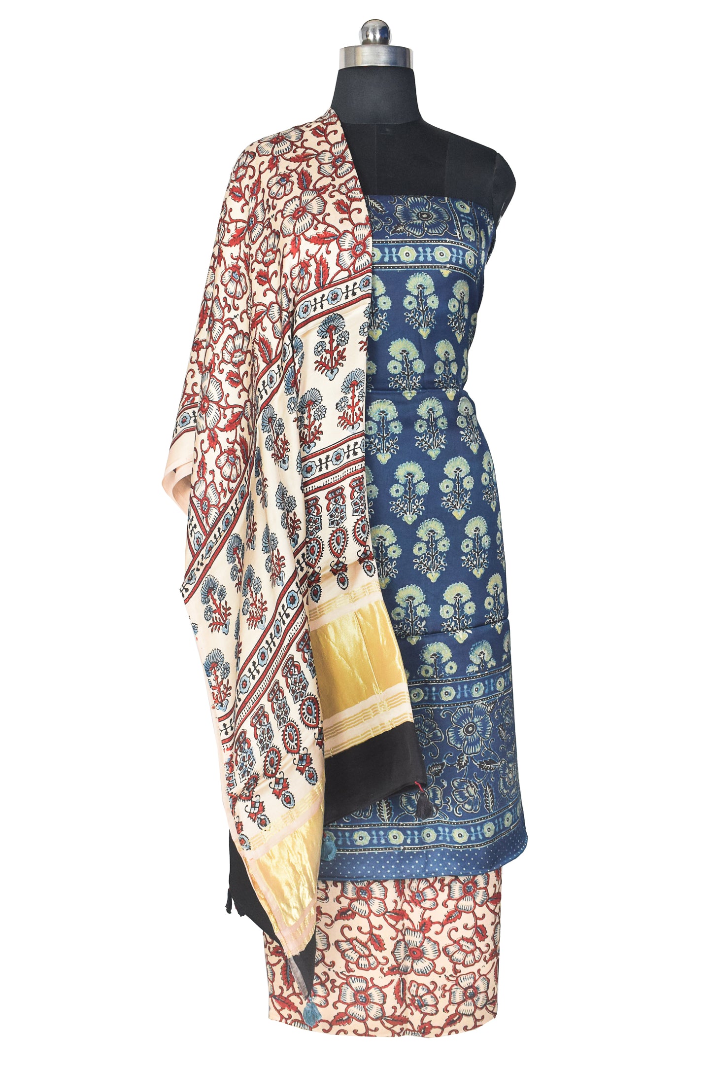 Ajrakh Modal Silk Natural Dye Hand Block Print Dress Material with Golden Border Dupatta - with Tassels - 2.5 Mt Top    -  SKU : AI21B02W