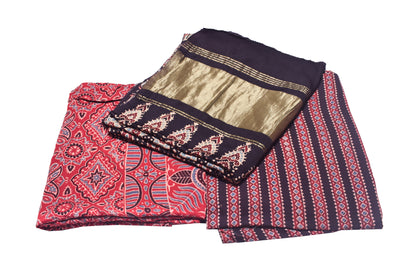 Ajrakh Modal Silk Natural Dye Hand Block Print Dress Material  with Jari Border Dupatta  - 2.5  Mt Top    -  SKU : RM13901D
