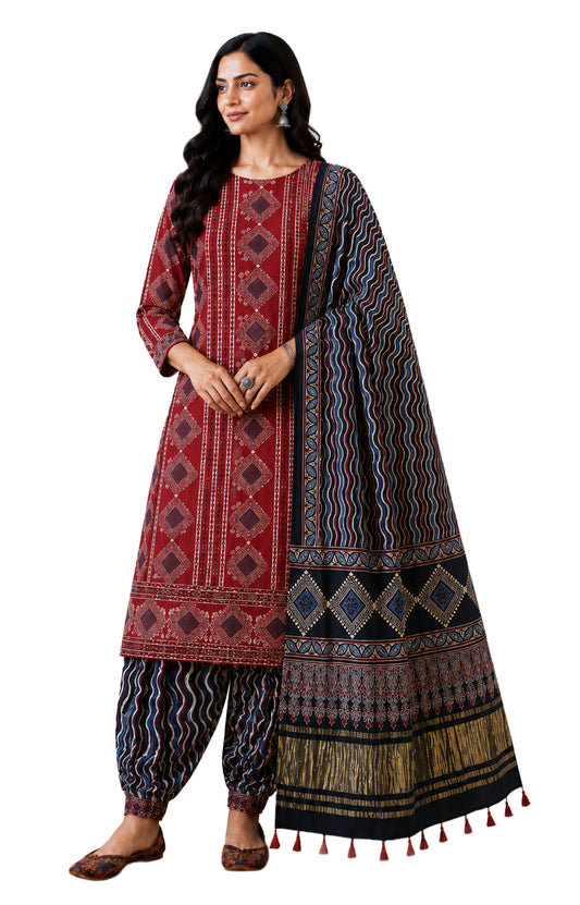 Ajrakh Modal Silk Natural Dye Hand Block Print Dress Material with Golden Border Dupatta - with Tassels - 2.5 Mt Top   -  SKU : AI02501D
