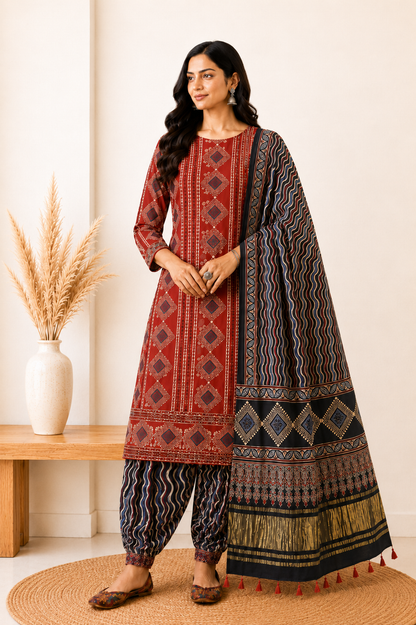 Ajrakh Modal Silk Natural Dye Hand Block Print Dress Material with Golden Border Dupatta - with Tassels - 2.5 Mt Top   -  SKU : AI02501D
