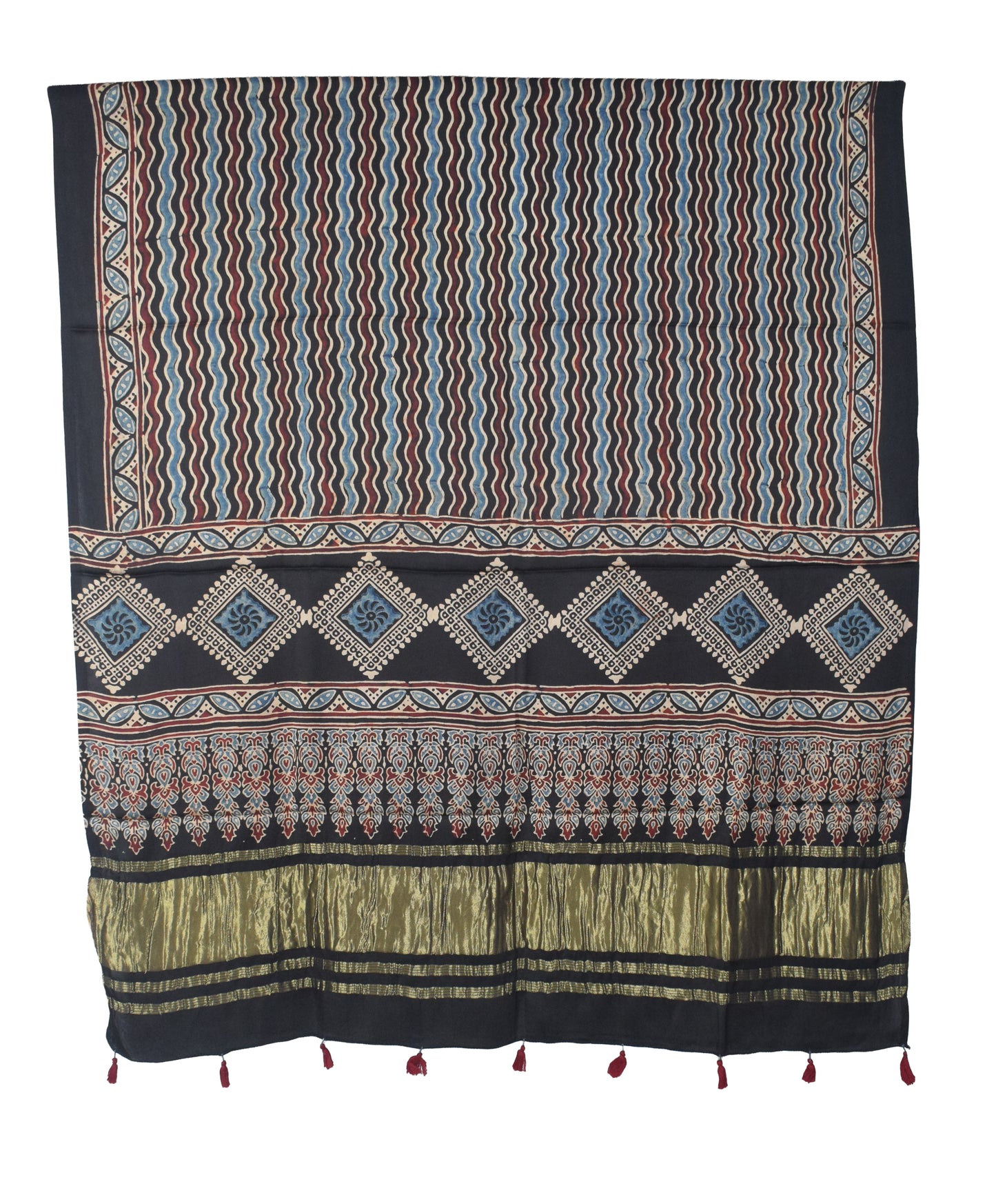 Ajrakh Modal Silk Natural Dye Hand Block Print Dress Material with Golden Border Dupatta - with Tassels - 2.5 Mt Top   -  SKU : AI02501D