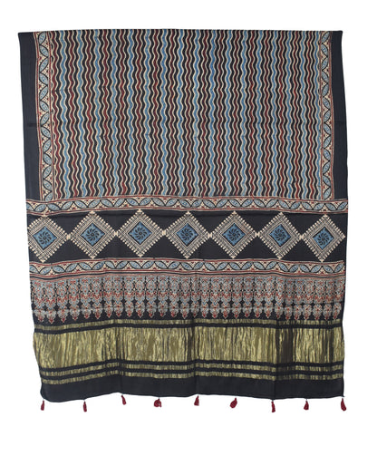 Ajrakh Modal Silk Natural Dye Hand Block Print Dress Material with Golden Border Dupatta - with Tassels - 2.5 Mt Top   -  SKU : AI02501D