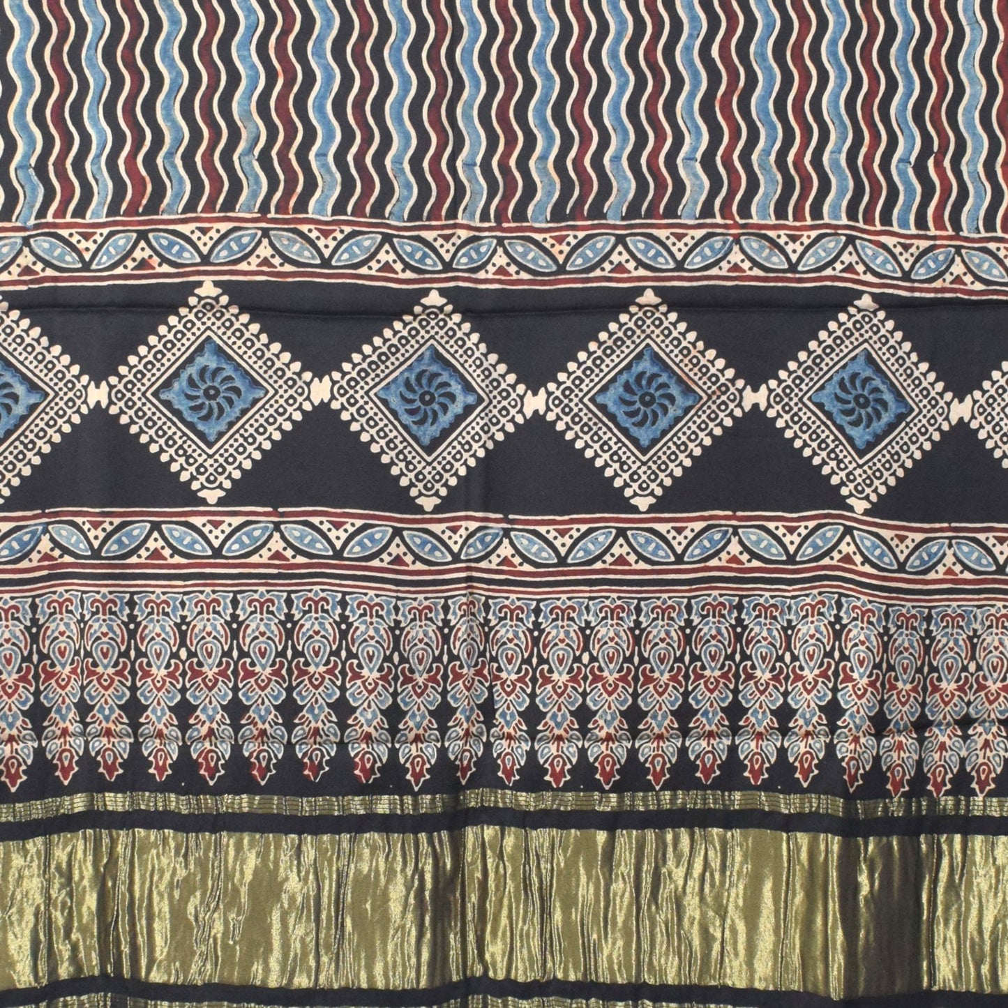 Ajrakh Modal Silk Natural Dye Hand Block Print Dress Material with Golden Border Dupatta - with Tassels - 2.5 Mt Top   -  SKU : AI02501D