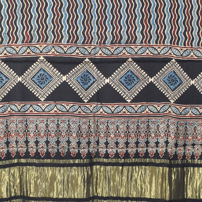 Ajrakh Modal Silk Natural Dye Hand Block Print Dress Material with Golden Border Dupatta - with Tassels - 2.5 Mt Top   -  SKU : AI02501D