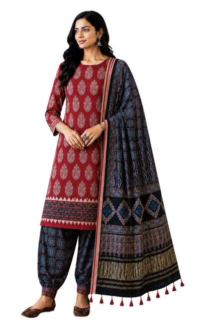 Ajrakh Modal Silk Natural Dye Hand Block Print Dress Material with Golden Border Dupatta - with Tassels - 2.5 Mt Top   -  SKU : AI02501I