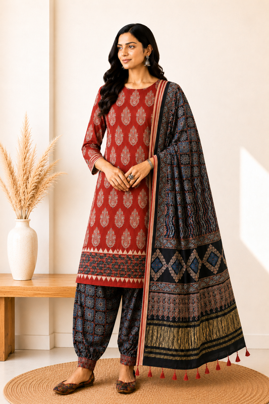 Ajrakh Modal Silk Natural Dye Hand Block Print Dress Material with Golden Border Dupatta - with Tassels - 2.5 Mt Top   -  SKU : AI02501I