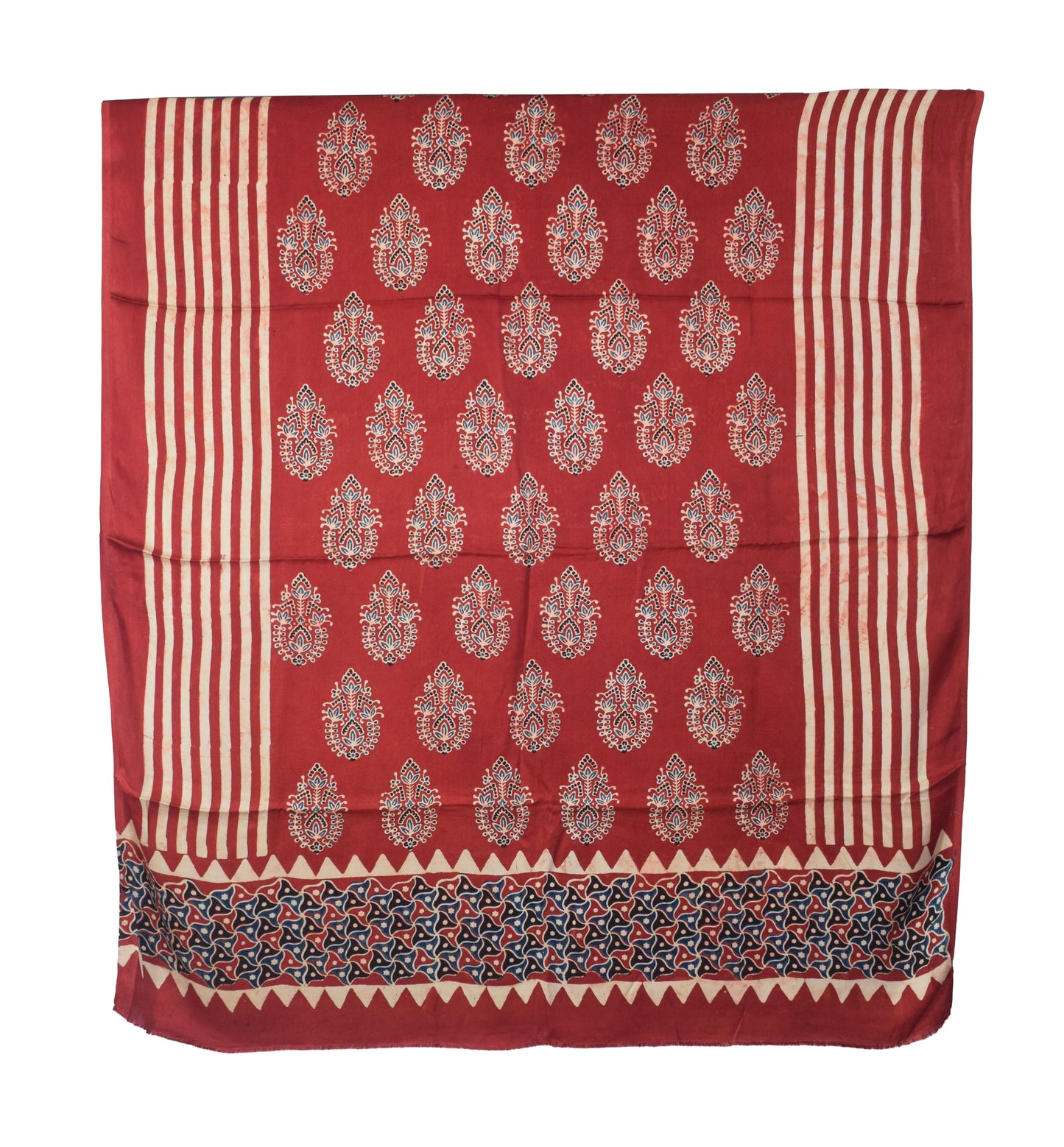 Ajrakh Modal Silk Natural Dye Hand Block Print Dress Material with Golden Border Dupatta - with Tassels - 2.5 Mt Top   -  SKU : AI02501I