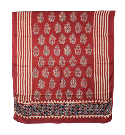 Ajrakh Modal Silk Natural Dye Hand Block Print Dress Material with Golden Border Dupatta - with Tassels - 2.5 Mt Top   -  SKU : AI02501I