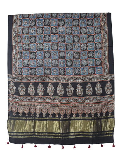 Ajrakh Modal Silk Natural Dye Hand Block Print Dress Material with Golden Border Dupatta - with Tassels - 2.5 Mt Top   -  SKU : AI02501I