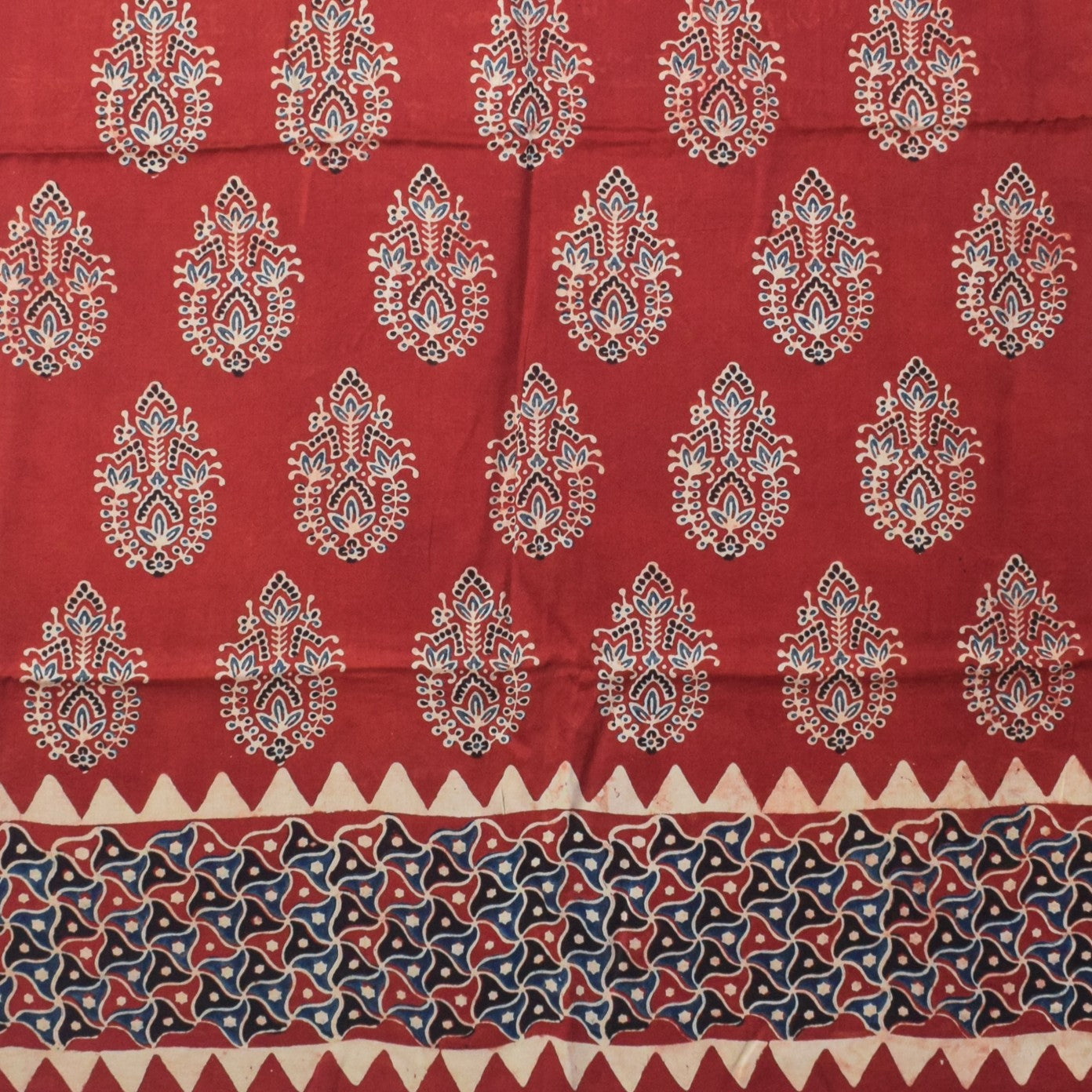 Ajrakh Modal Silk Natural Dye Hand Block Print Dress Material with Golden Border Dupatta - with Tassels - 2.5 Mt Top   -  SKU : AI02501I