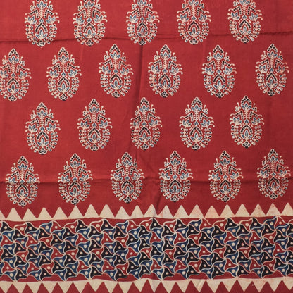 Ajrakh Modal Silk Natural Dye Hand Block Print Dress Material with Golden Border Dupatta - with Tassels - 2.5 Mt Top   -  SKU : AI02501I