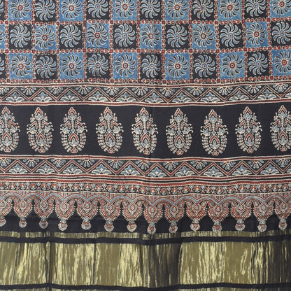 Ajrakh Modal Silk Natural Dye Hand Block Print Dress Material with Golden Border Dupatta - with Tassels - 2.5 Mt Top   -  SKU : AI02501I