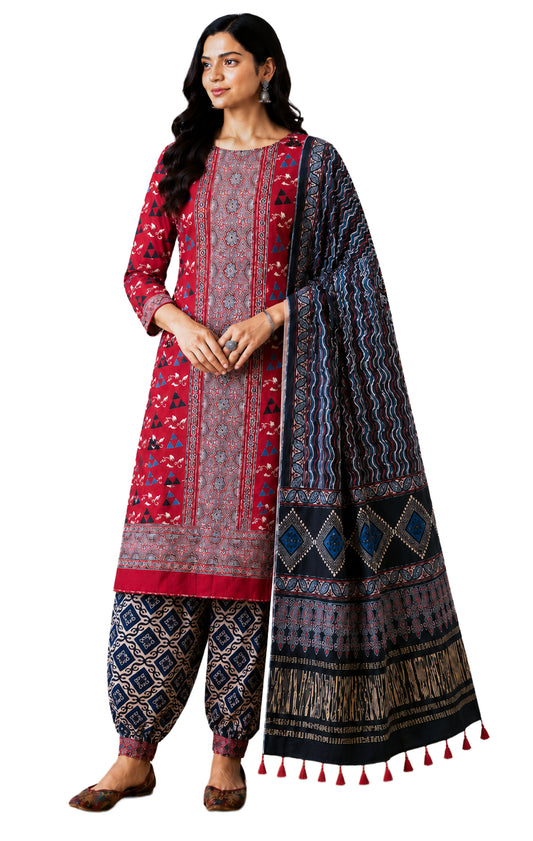 Ajrakh Modal Silk Natural Dye Hand Block Print Dress Material with Golden Border Dupatta - with Tassels - 2.5 Mt Top   -  SKU : AI02501N
