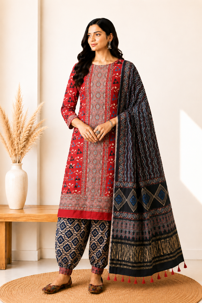 Ajrakh Modal Silk Natural Dye Hand Block Print Dress Material with Golden Border Dupatta - with Tassels - 2.5 Mt Top   -  SKU : AI02501N
