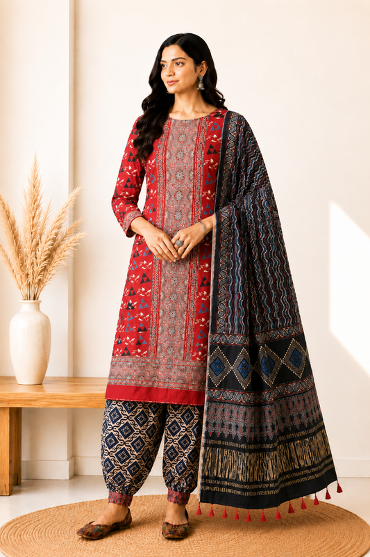 Ajrakh Modal Silk Natural Dye Hand Block Print Dress Material with Golden Border Dupatta - with Tassels - 2.5 Mt Top   -  SKU : AI02501N