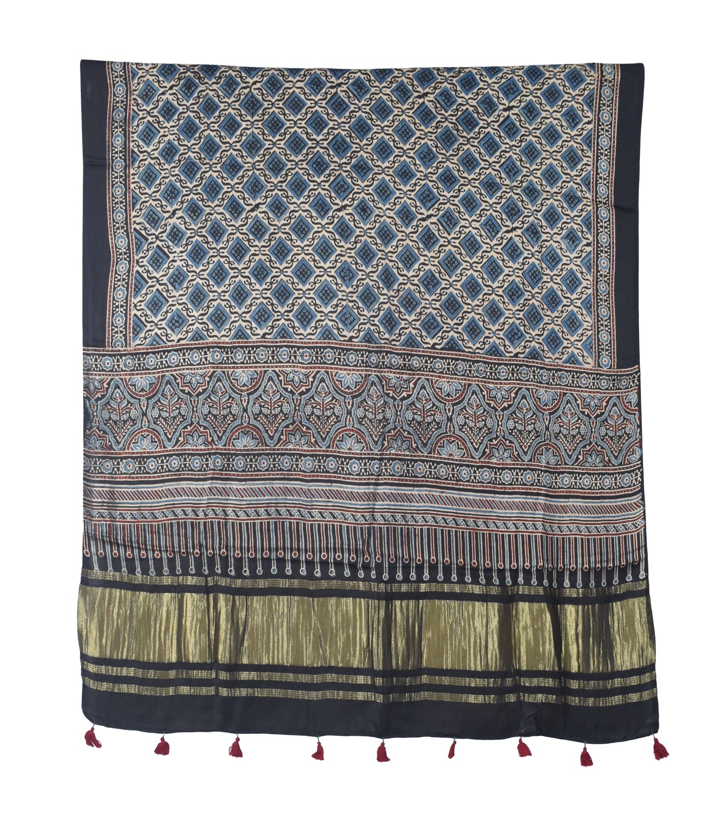 Ajrakh Modal Silk Natural Dye Hand Block Print Dress Material with Golden Border Dupatta - with Tassels - 2.5 Mt Top   -  SKU : AI02501N