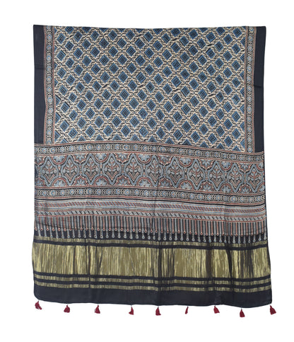 Ajrakh Modal Silk Natural Dye Hand Block Print Dress Material with Golden Border Dupatta - with Tassels - 2.5 Mt Top   -  SKU : AI02501N