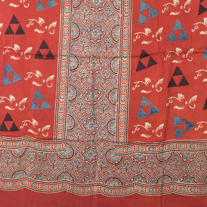 Ajrakh Modal Silk Natural Dye Hand Block Print Dress Material with Golden Border Dupatta - with Tassels - 2.5 Mt Top   -  SKU : AI02501N