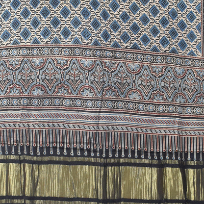 Ajrakh Modal Silk Natural Dye Hand Block Print Dress Material with Golden Border Dupatta - with Tassels - 2.5 Mt Top   -  SKU : AI02501N