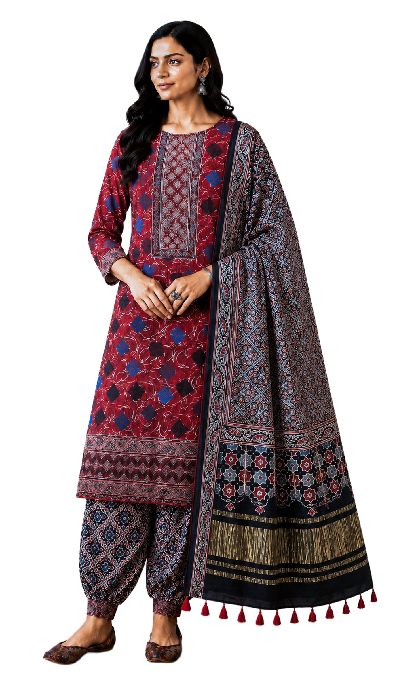 Ajrakh Modal Silk Natural Dye Hand Block Print Dress Material with Golden Border Dupatta - with Tassels - 2.5 Mt Top   -  SKU : AI02501S