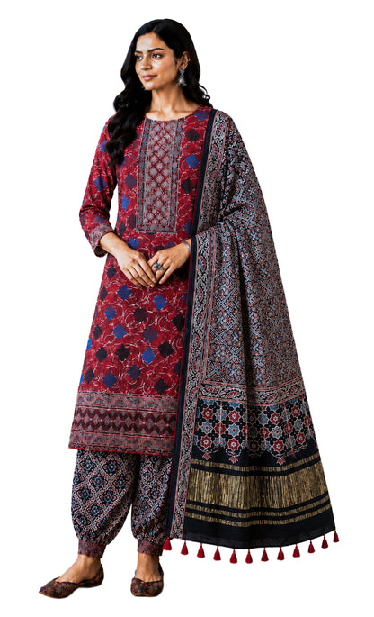 Ajrakh Modal Silk Natural Dye Hand Block Print Dress Material with Golden Border Dupatta - with Tassels - 2.5 Mt Top   -  SKU : AI02501S