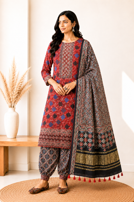Ajrakh Modal Silk Natural Dye Hand Block Print Dress Material with Golden Border Dupatta - with Tassels - 2.5 Mt Top   -  SKU : AI02501S