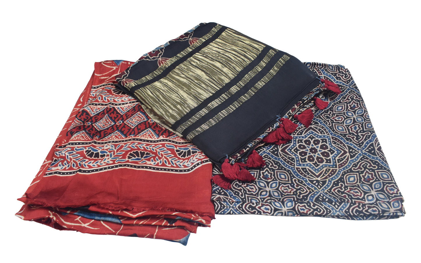 Ajrakh Modal Silk Natural Dye Hand Block Print Dress Material with Golden Border Dupatta - with Tassels - 2.5 Mt Top   -  SKU : AI02501S