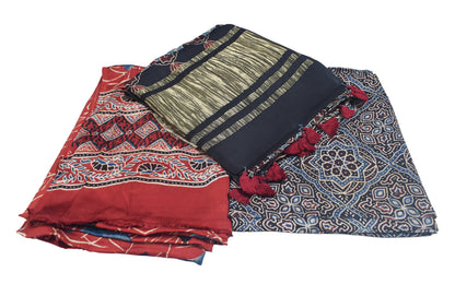 Ajrakh Modal Silk Natural Dye Hand Block Print Dress Material with Golden Border Dupatta - with Tassels - 2.5 Mt Top   -  SKU : AI02501S