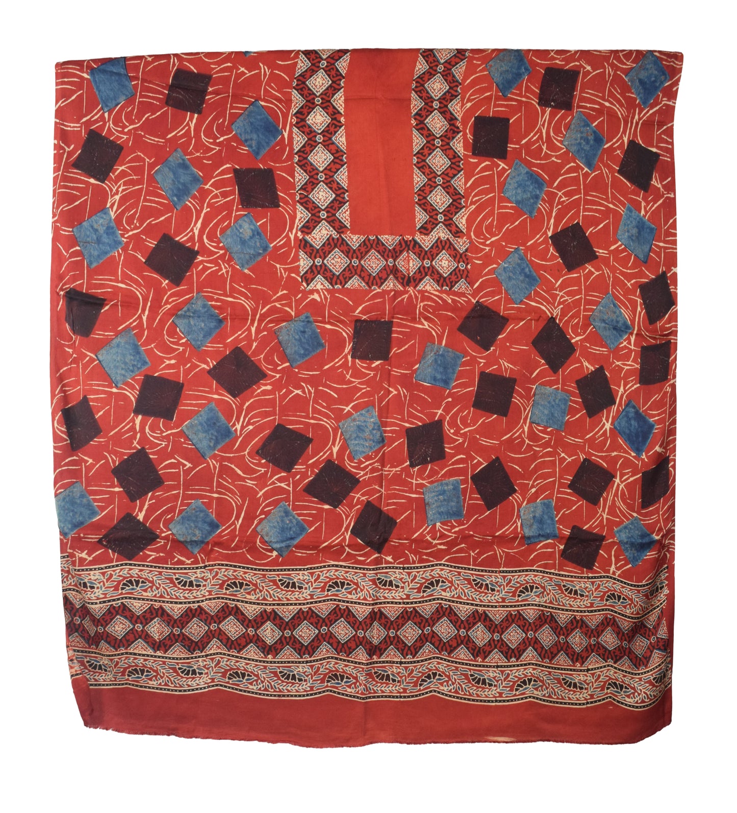 Ajrakh Modal Silk Natural Dye Hand Block Print Dress Material with Golden Border Dupatta - with Tassels - 2.5 Mt Top   -  SKU : AI02501S