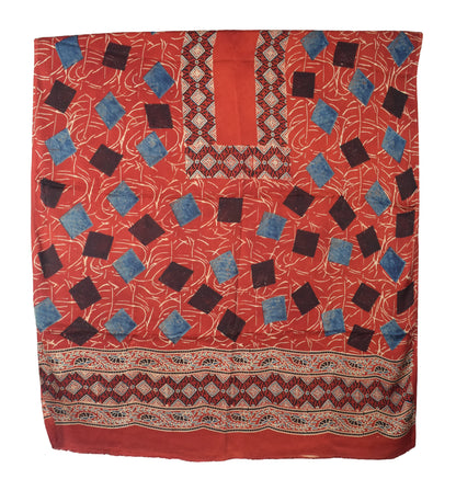 Ajrakh Modal Silk Natural Dye Hand Block Print Dress Material with Golden Border Dupatta - with Tassels - 2.5 Mt Top   -  SKU : AI02501S