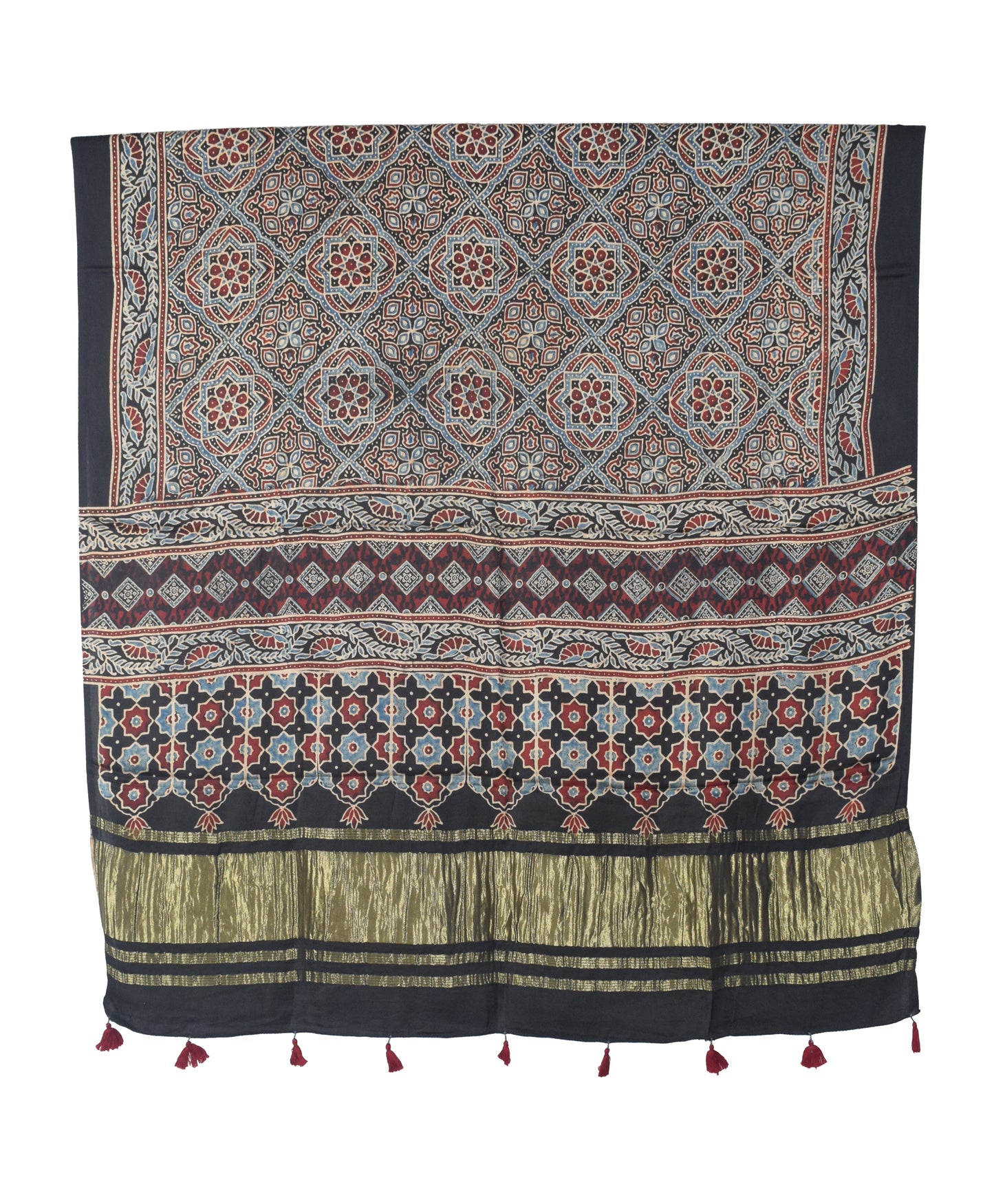 Ajrakh Modal Silk Natural Dye Hand Block Print Dress Material with Golden Border Dupatta - with Tassels - 2.5 Mt Top   -  SKU : AI02501S