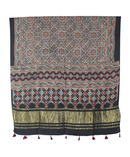 Ajrakh Modal Silk Natural Dye Hand Block Print Dress Material with Golden Border Dupatta - with Tassels - 2.5 Mt Top   -  SKU : AI02501S