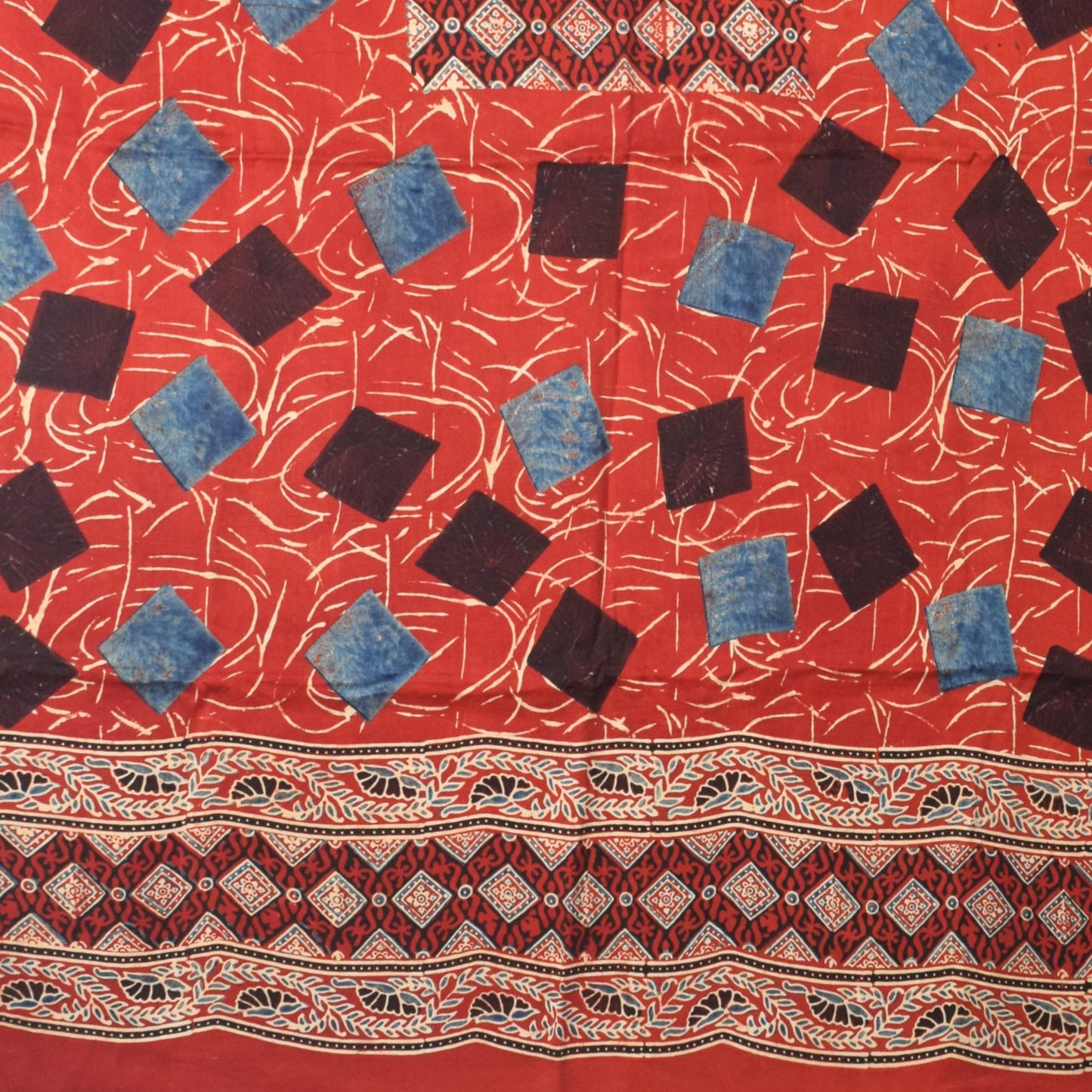 Ajrakh Modal Silk Natural Dye Hand Block Print Dress Material with Golden Border Dupatta - with Tassels - 2.5 Mt Top   -  SKU : AI02501S