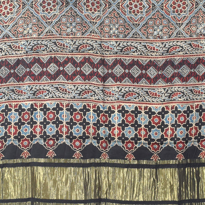 Ajrakh Modal Silk Natural Dye Hand Block Print Dress Material with Golden Border Dupatta - with Tassels - 2.5 Mt Top   -  SKU : AI02501S