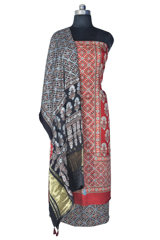 Ajrakh Modal Silk Natural Dye Hand Block Print Dress Material with Golden Border Dupatta - with Tassels - 2.5 Mt Top    -  SKU : AI21B02E