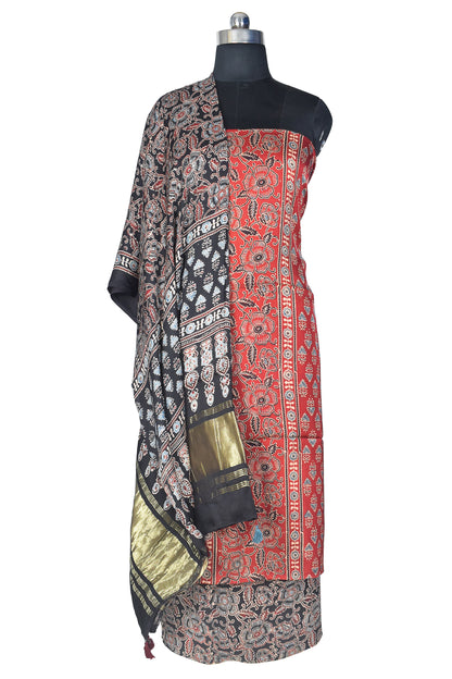 Ajrakh Modal Silk Natural Dye Hand Block Print Dress Material with Golden Border Dupatta - with Tassels - 2.5 Mt Top    -  SKU : AI21B02J